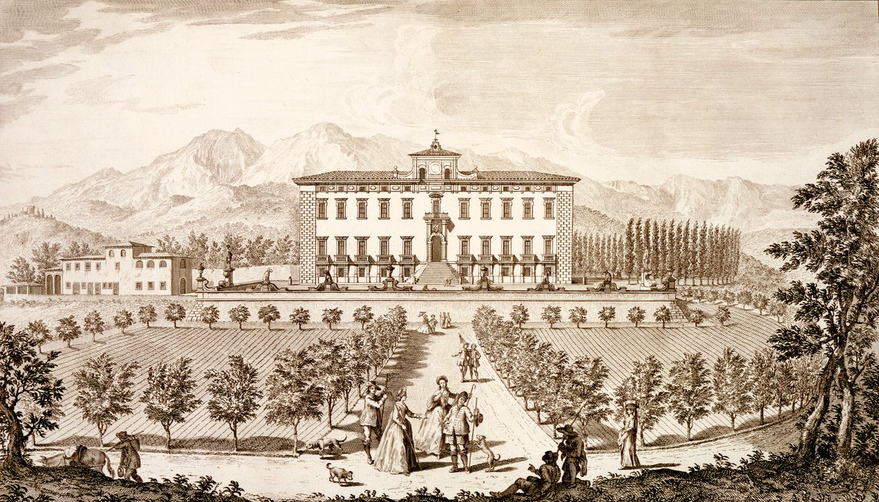 منظر لفيلا ديل بارون ، من "مناظر توسكانا" لجوسيبي بوشار ، تم نشره عام 1744-57 بواسطة جوزيبي زوتشي
