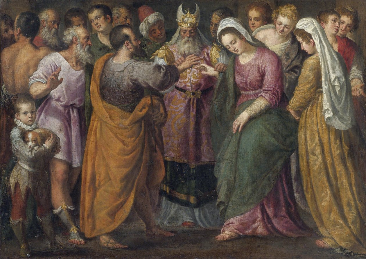 زواج مريم ويوسف - زواج مريم ويوسف بواسطة سالفياتي ، جوزيبي (1520-1575). زيت على قماش ، مقاس: 116 ، 8 × 164 ، مجموعة خاصة بواسطة جوزيبي ديلا بورتا سالفياتي