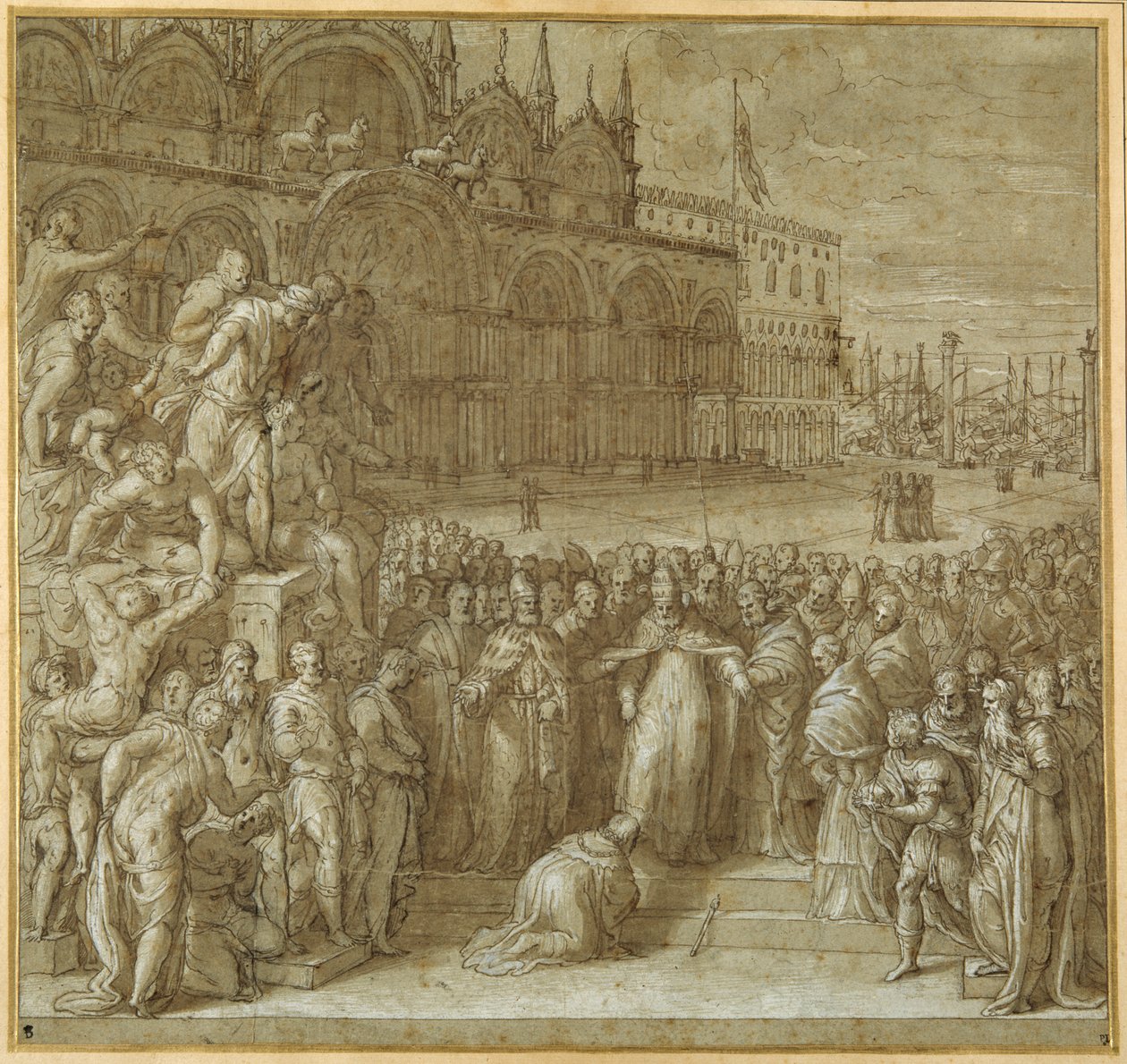 The reconciliation between Pope Alexander III and Frederick Barbarossa, in the presence of Doge Sebastiano Ziani (pen & brown ink with brown wash and heightening) بواسطة جوزيبي ديلا بورتا سالفياتي