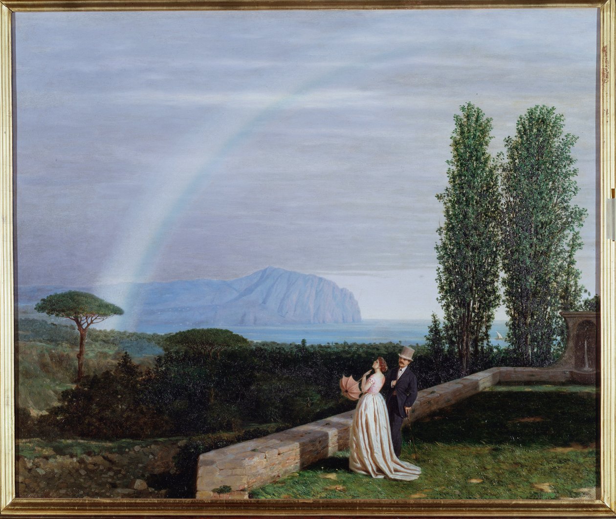 منظر طبيعي بالقرب من جنوة ، زوجان ينظران إلى قوس قزح لوحة رسمها جوزيبي ديلي بيان (1832-1902) 1902 Dim 73x88 cm جينات ، Galleria بواسطة Arte Moderna ، الجرد 0260 بواسطة جوزيبي ديلي بيان