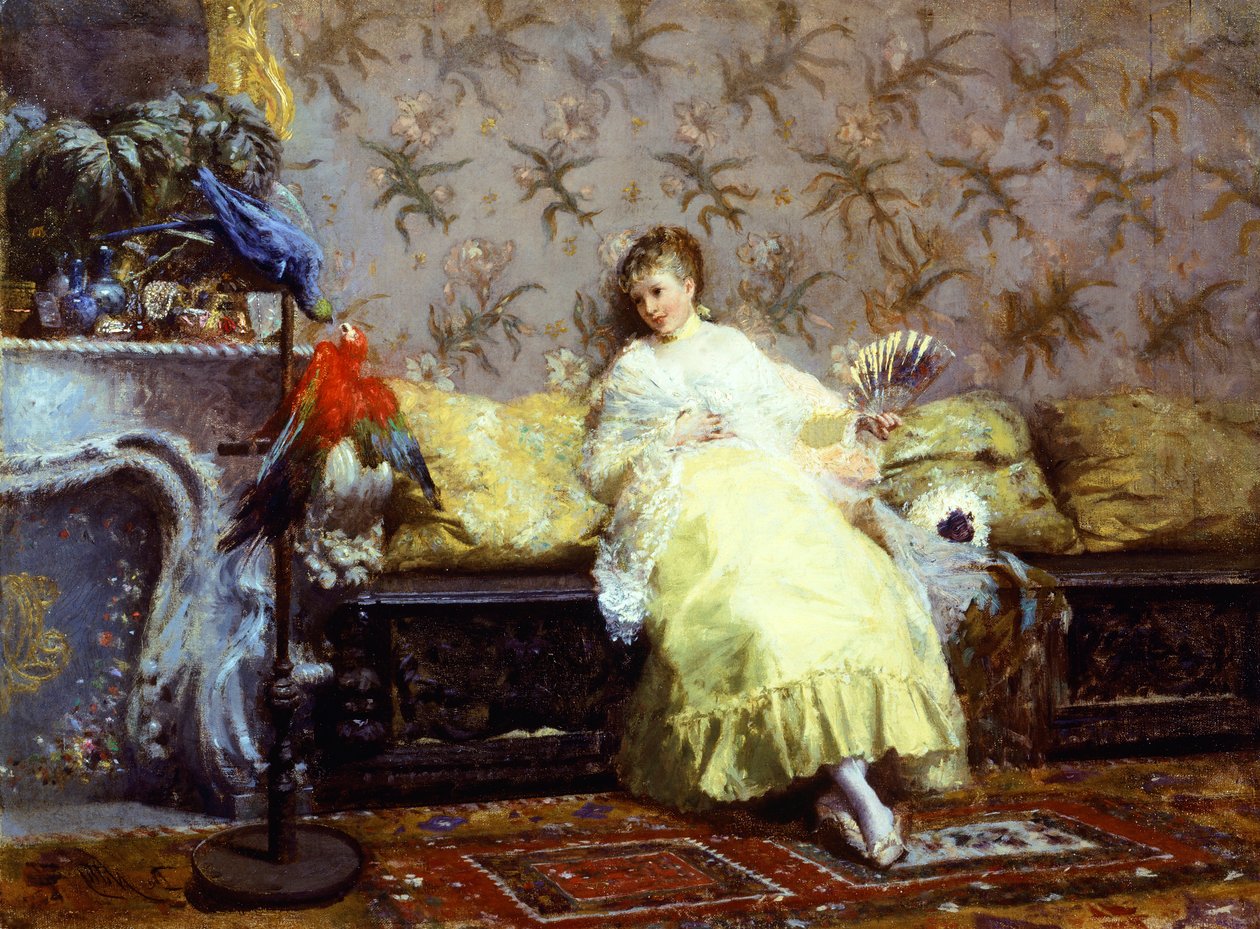 Lady with parrots, ca 1869, by Giuseppe de Nittis (1846-1884), oil on canvas, 24.2x23 cm. بواسطة جوزيبي أو جوزيف دي نيتيس
