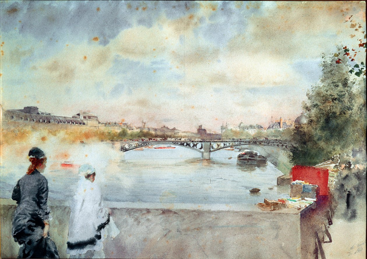 ضفاف نهر السين امرأتان تجلسان على جسر في باريس تنظران نحو النهر ، على اليمين صانعو الكتب من الأرصفة. لوحة مائية لجوزيبي دي نيتيس (1846-1884) 1875 غاليريا دي آرت موديرنا ميلان بواسطة جوزيبي أو جوزيف دي نيتيس