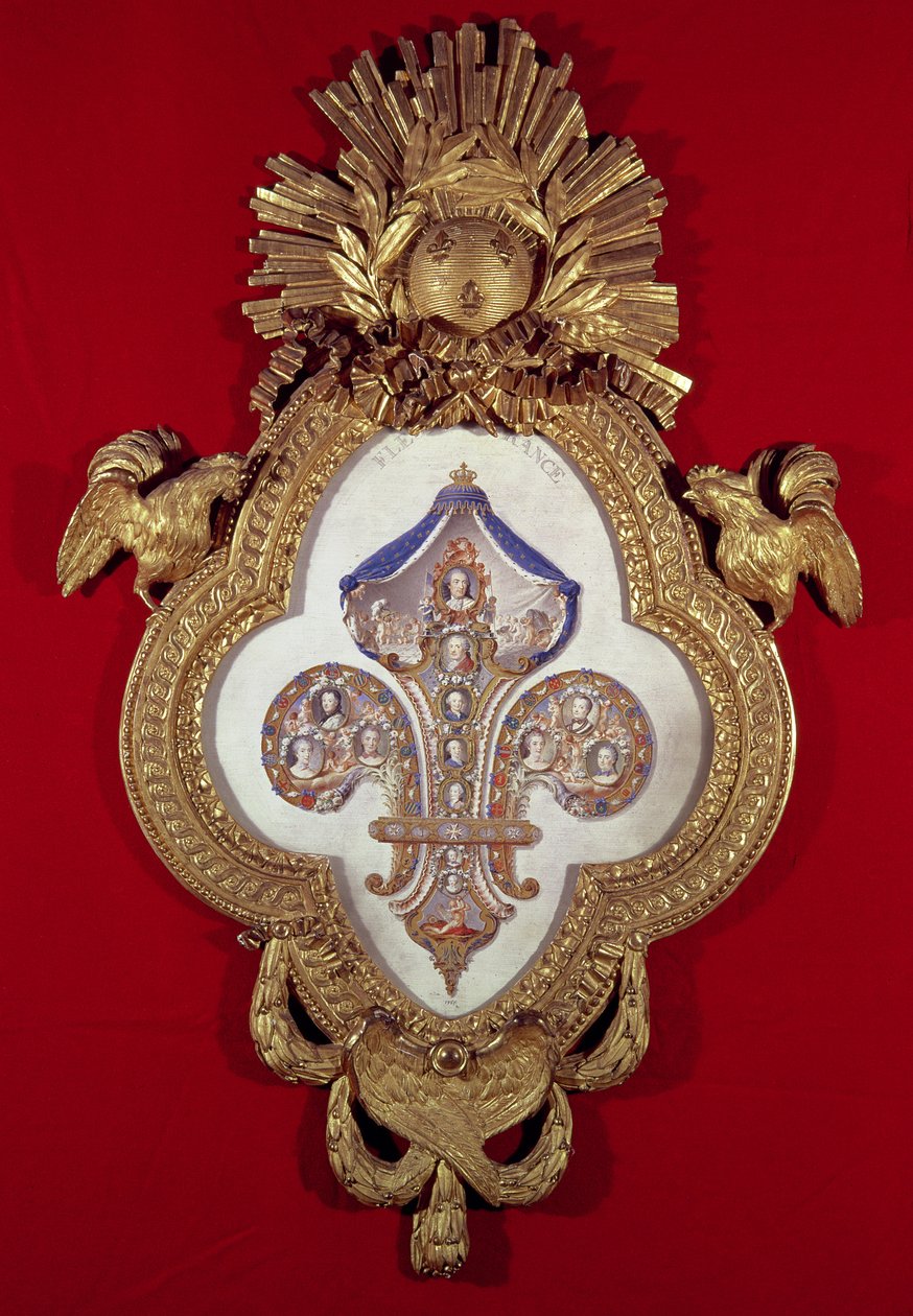 Fleur de France ، شجرة الأنساب مع ثلاثة عشر صورة من لويس الخامس عشر (1710-74) ونسله في إطار على شكل فلور دي ليز ، 1765 (ذهب ومينا) بواسطة Glokeur de Surchamps