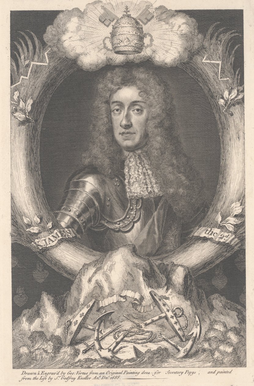 جيمس الثاني ، منقوش بواسطة جورج فيرتو (1684-1756) ، 1688 بواسطة غودفري كنيلر