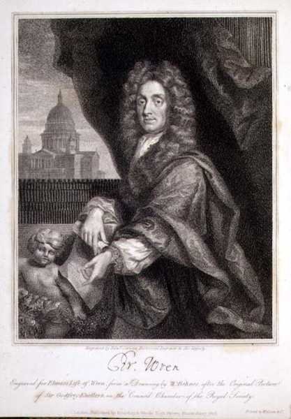 صورة لكريستوفر ورين منقوشة في "حياة رين" لإلمي بواسطة Godfrey (بعد) Kneller