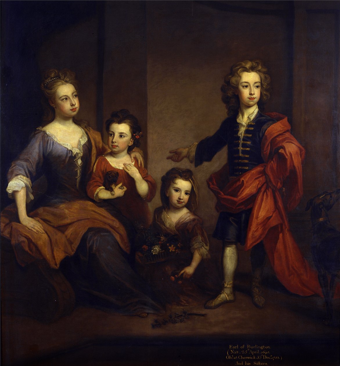 Portrait of Richard Boyle, 3rd Earl of Burlington, with his three sisters, Elizabeth, Juliana and Jane Boyle, c.1700 (oil on canvas) بواسطة غودفري كنيلر