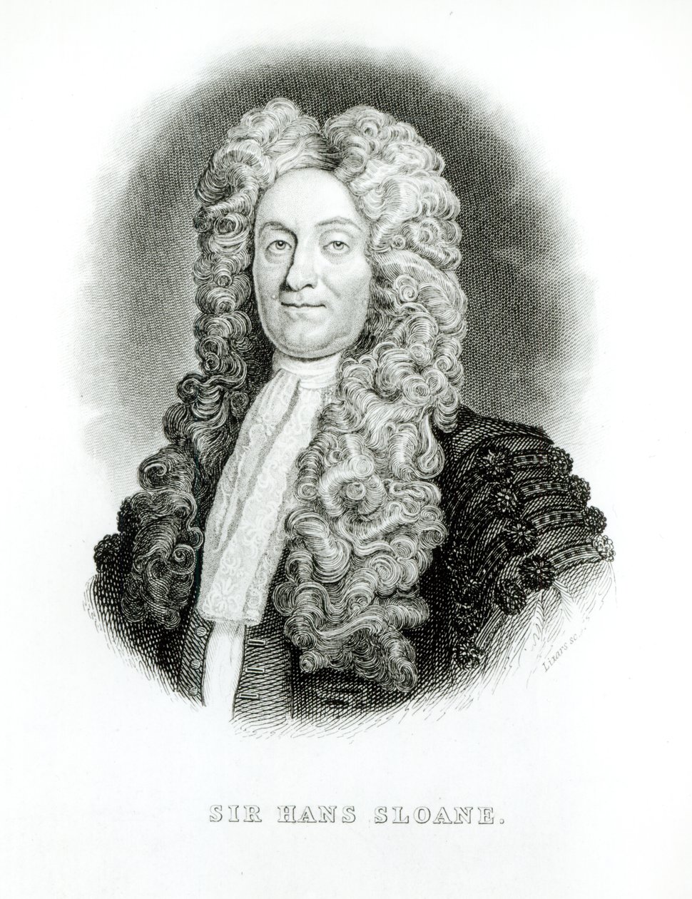 السير هانز سلون (1660-1753) منقوش بواسطة ويليام هوم ليزارز (1788-1859) لمذكرات سلون في مكتبة جاردين الطبيعية ، من 1833 إلى 45 بواسطة غودفري كنيلر