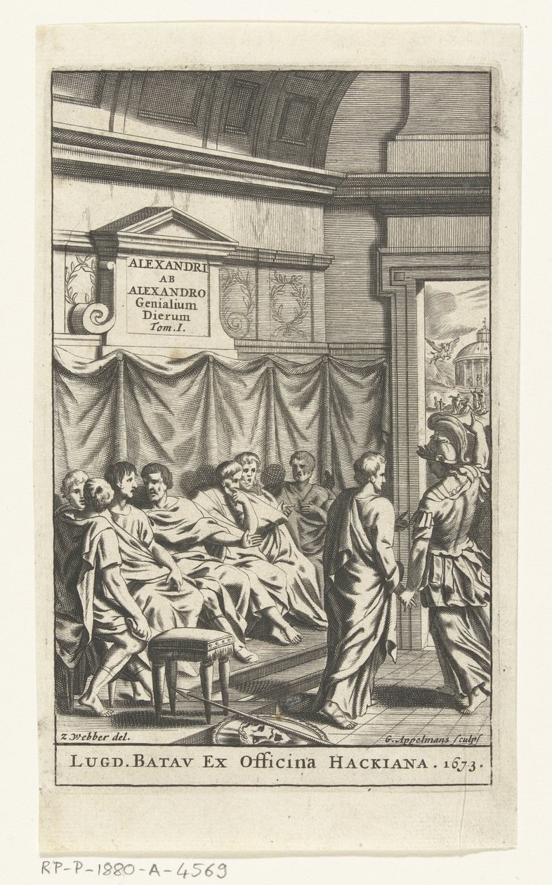 Titelpagina voor Alexander ab Alexander، Genialium dierum، deel 1، 1673 بواسطة غونساليس أبيلمانز (منسوب إلى)