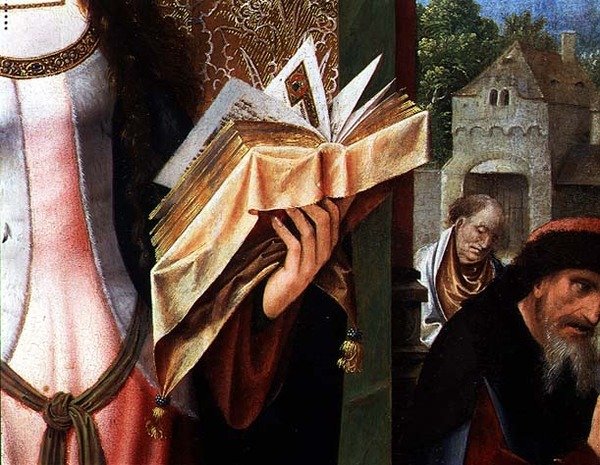 سانت كاترين والفلاسفة ، تفاصيل كتاب الصلاة (زيت على لوحة) (تفاصيل 80755) بواسطة Goossen van der Weyden
