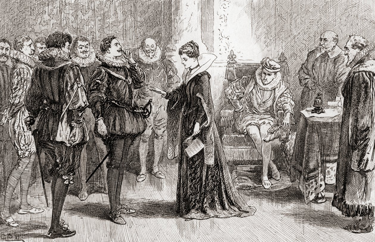 مشهد من وليام شكسبير يلعب مسرحية Alls Well That Ends Well ، Act II ، Scene 3 ، Helena to Bertram: This is the man ، from The Works of William Shakespeare ، نشر عام 1896 بواسطة جوردون فريدريك براون
