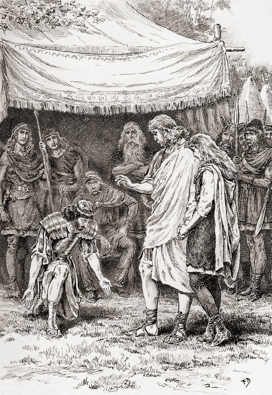 مشهد من وليام شكسبير يلعب دور Cymbeline ، Act V ، Scene 5 ، Posthumus Leonatus: Kneel not to me. القوة التي لدي عليك هي تجنيبك ، من أعمال ويليام شكسبير ، المنشورة 18 بواسطة جوردون فريدريك براون