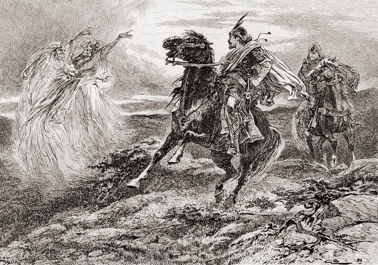 مشهد من ويليام شكسبير يلعب Macbeth، Act I، Scene 3، First Witch: All hail، Macbeth! السلام عليك ، من Glamis ، من أعمال ويليام شكسبير ، تم نشره عام 1896 بواسطة جوردون فريدريك براون