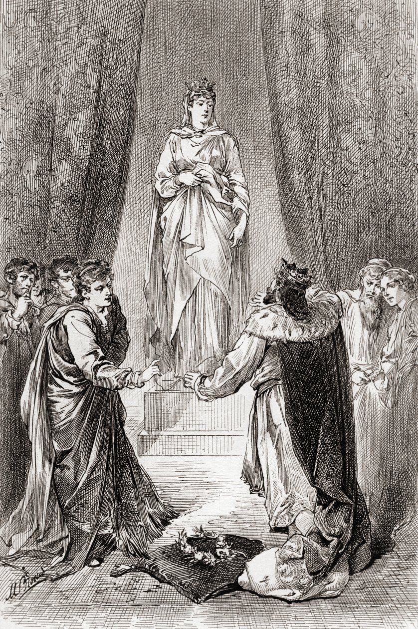 مشهد من ويليام شكسبير يلعب مسرحية The Winters Tale، Act V، Scene 3، Leontes: لا يسخر مني أحد ، لأنني سأقبلها ، من أعمال ويليام شكسبير ، تم نشره عام 1896 بواسطة جوردون فريدريك براون