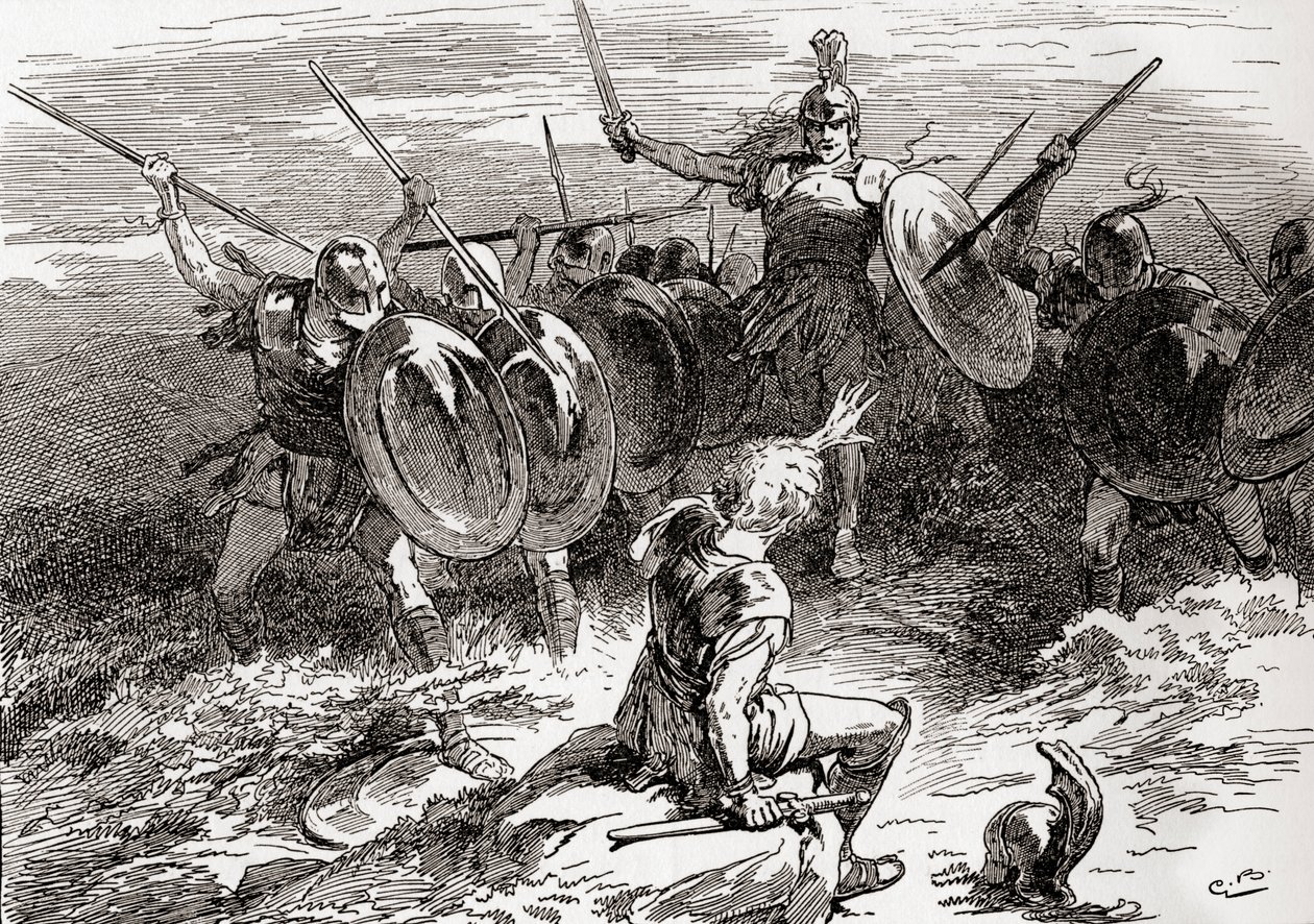 مشهد من وليام شكسبير يلعب دور Troilus و Cressida ، الفصل الخامس ، المشهد 10 ، أخيل: الإضراب ، الزملاء ، الإضراب ، هذا هو الرجل الذي أبحث عنه ، من أعمال ويليام شكسبير ، نشر عام 1896 (engravin بواسطة جوردون فريدريك براون