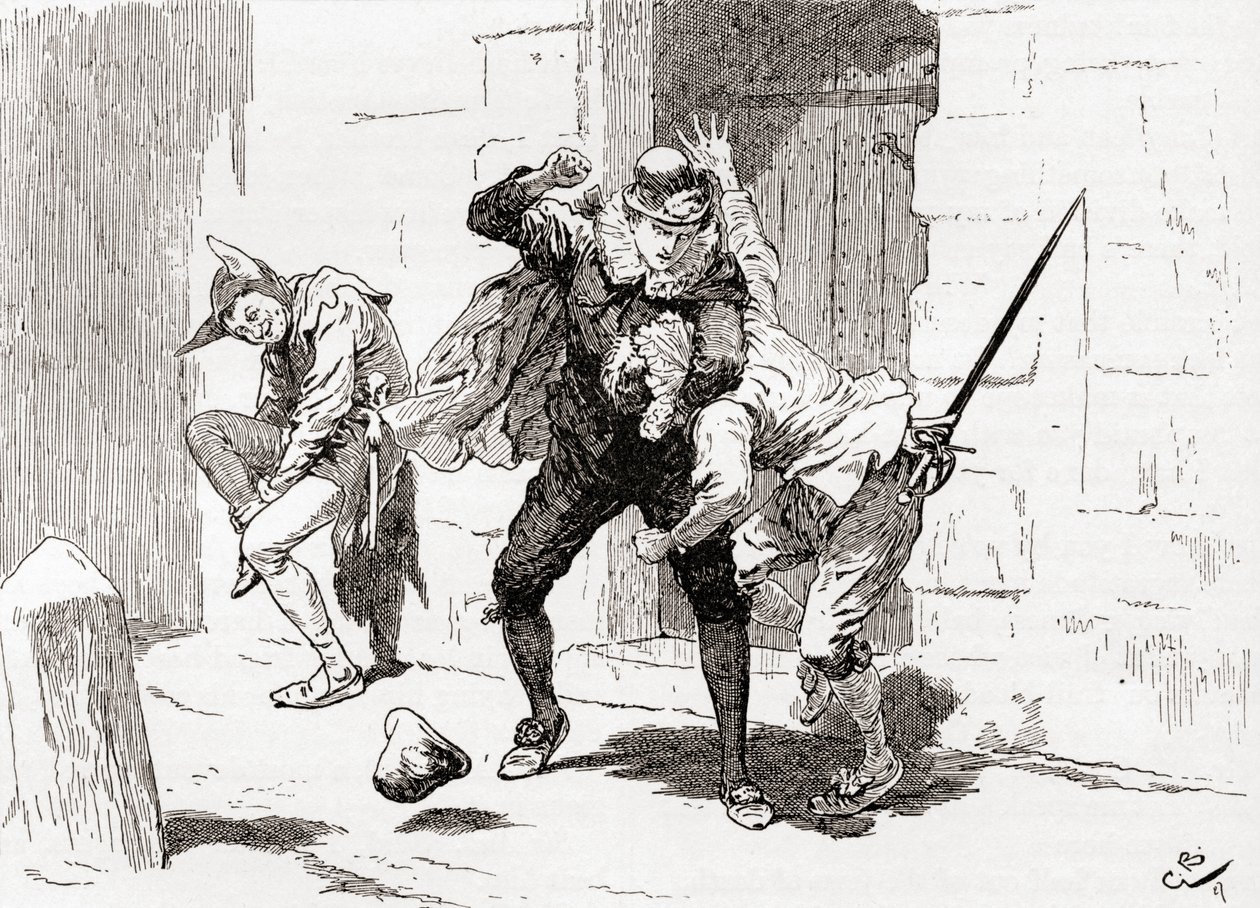 مشهد من وليام شكسبير يلعب مسرحية Twelfth Night Act IV ، Scene 1 ، Sebastian (الضرب السير أندرو): لماذا ، هناك لك وهناك وهناك !، من أعمال وليام شكسبير ، نشر عام 1896 بواسطة جوردون فريدريك براون