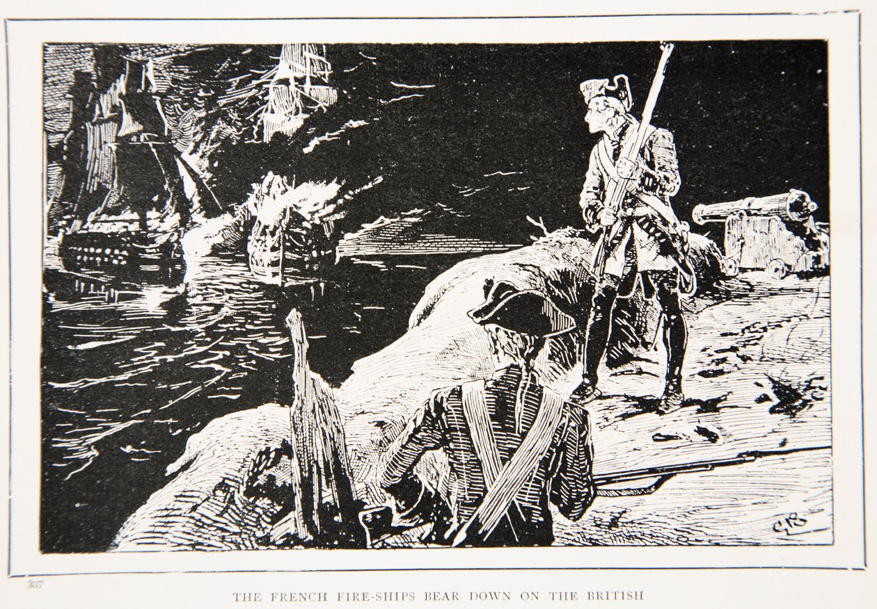 تحمل سفن الإطفاء الفرنسية البريطانيين ، وهو مثال من فيلم "With Wolfe in Canada ، أو The Winning of a Continent" بواسطة GA Henty ، pub. Blackie and Son Ltd ، 1887 بواسطة جوردون فريدريك براون