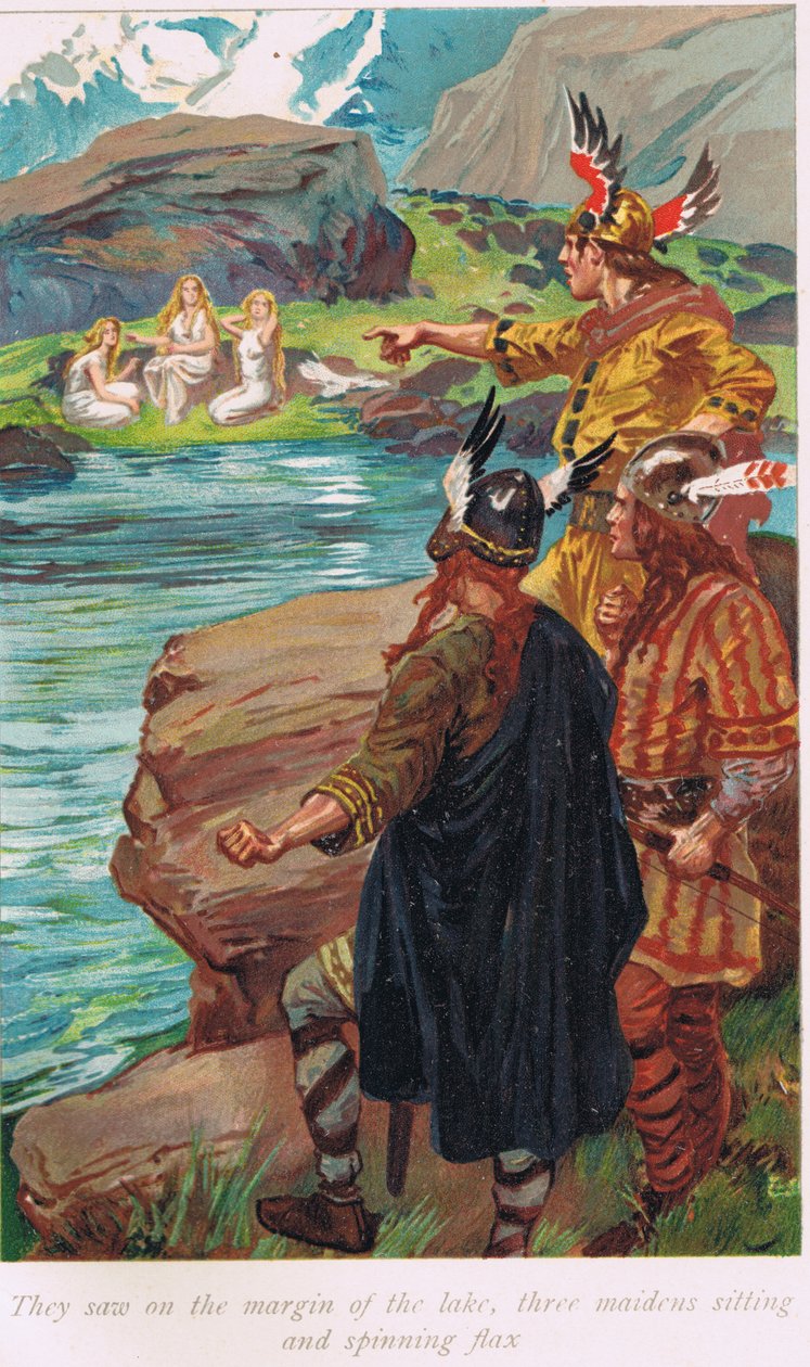 رأوا على هوامش البحيرة ، ثلاث عاملات يجلسن ويدورن الكتان ، رسم توضيحي من كتاب ساجاس بقلم أليس إس هوفمان ، نُشر عام 1926 بواسطة جوردون فريدريك براون