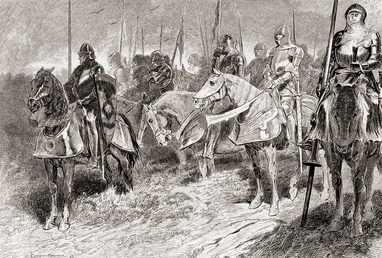 مشهد من وليام شكسبير يلعب دور King Henry V ، Act IV ، Scene 2 ، Lord Grandpré: يجلس الفرسان مثل الشمعدانات الثابتة مع عصي الشعلة في أيديهم ، من أعمال William William شكسبير ، بو بواسطة جوردون فريدريك براون