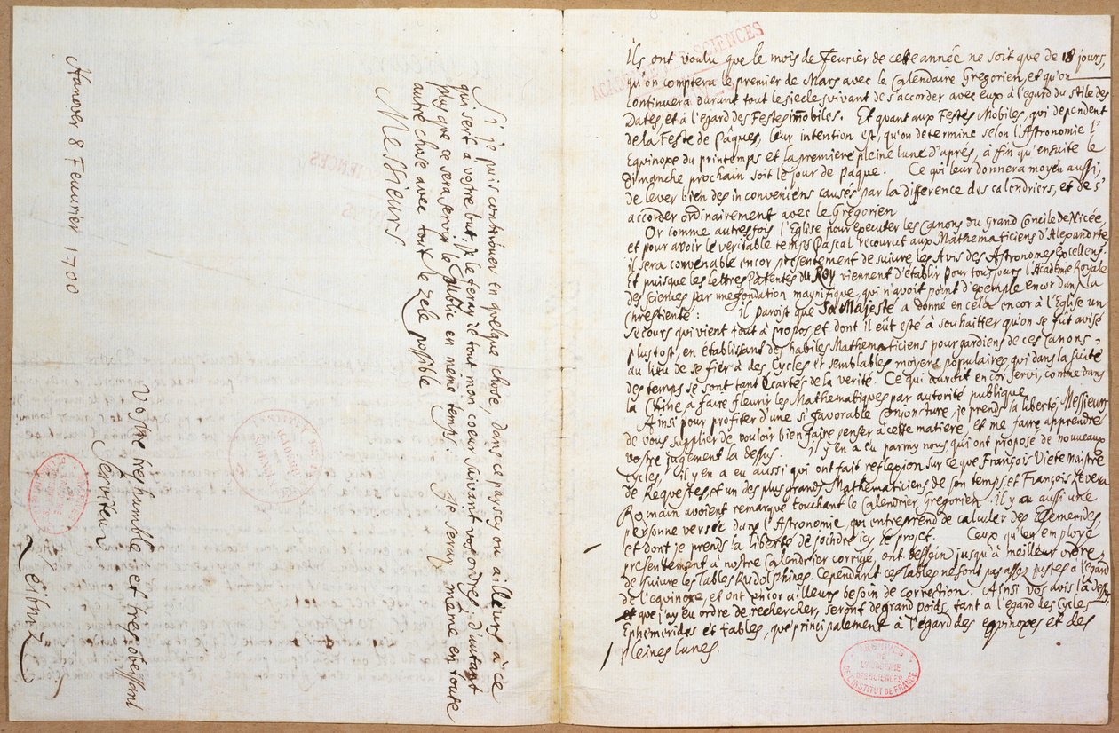 الصفحات الأخيرة لرسالة كتبها ليبنيز حول قبوله في "أكاديمية العلوم" في باريس ، 8 فبراير 1700 بواسطة جوتفريد فيلهلم ليبنيز