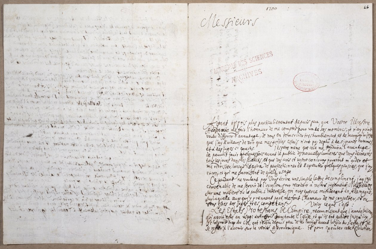 الصفحة الأولى لرسالة كتبها ليبنيز حول قبوله في أكاديمية العلوم بباريس ، 8 فبراير 1700 بواسطة جوتفريد فيلهلم ليبنيز