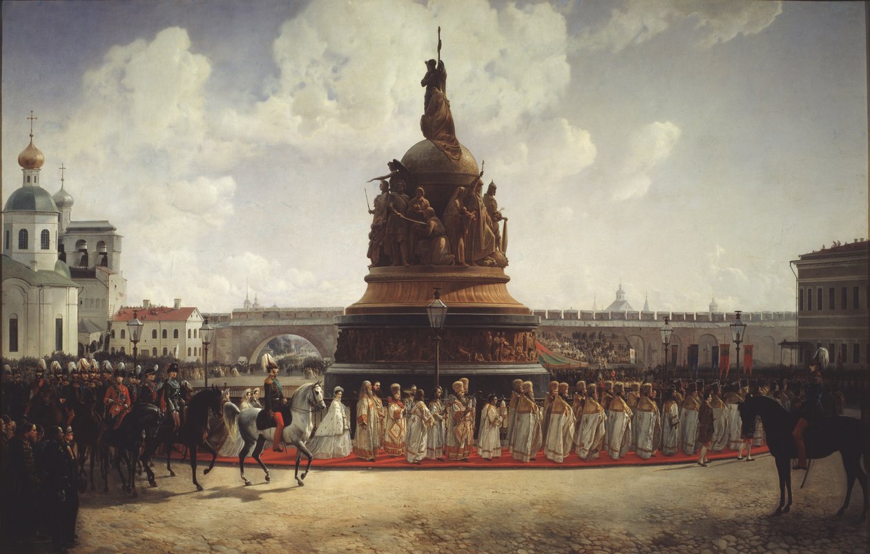 تكريس النصب التذكاري لألفية روسيا في نوفغورود في 1862 ، 1864 بواسطة جوتفريد ويليوالدي