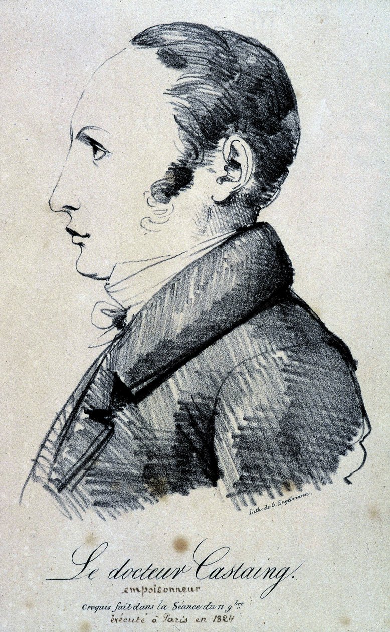 صورة للدكتور كاستاينج ، السام. استخدم ملح المورفين وهيدروكلوريد لقتل صديقه Hippolyte Ballet في عام 1823. تم إعدامه في باريس عام 1824. مطبوعات حجرية بواسطة Engelmann من رسم تم إجراؤه في جلسة 11 نوفمبر. بواسطة Gottfried أو Godefroy Engelmann
