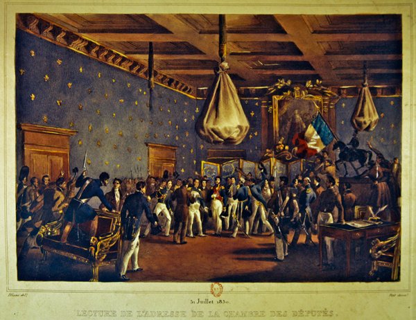 تلاوة خطاب مجلس النواب في فندق دو فيل ، باريس في 31 يوليو 1830 (لون ليثو) بواسطة Gottfried أو Godefroy Engelmann