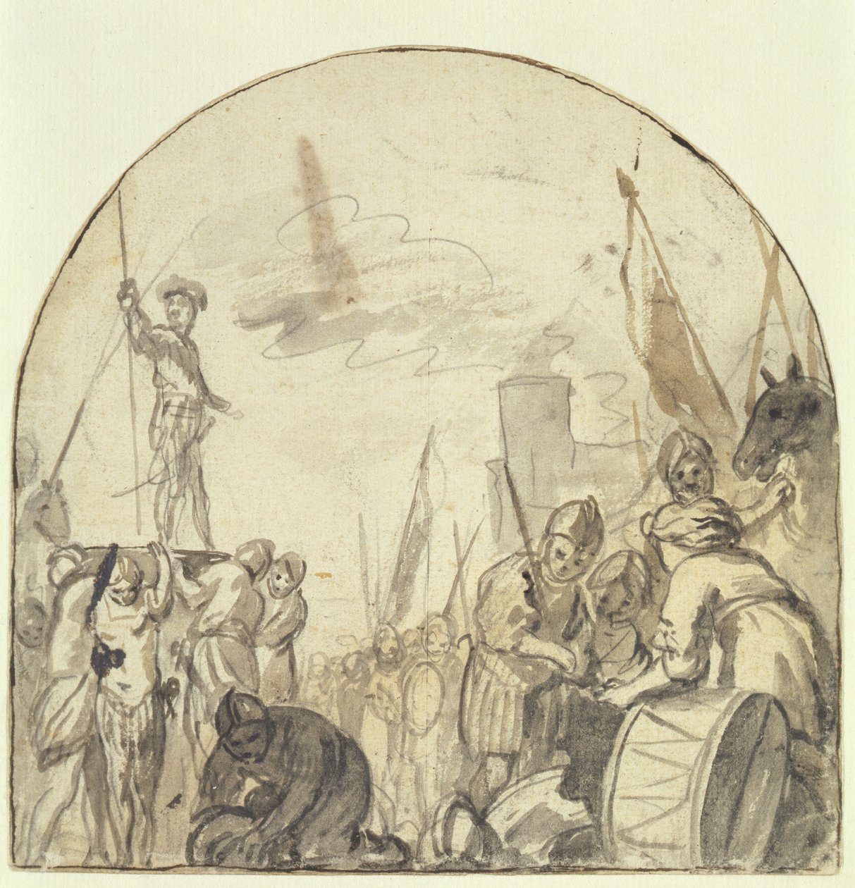 يتم رفع Brinio على درعه من قبل المحاربين (القلم والفرشاة والحبر فوق قلم رصاص على الورق) بواسطة جوفيرت فلينك