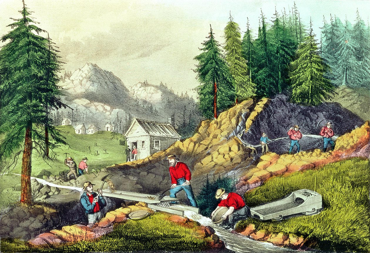 تعدين الذهب في كاليفورنيا ، تم نشره بواسطة Currier und Ives ، 1861 (انظر أيضًا 166069 und 32910) بواسطة جرافتون تايلر براون