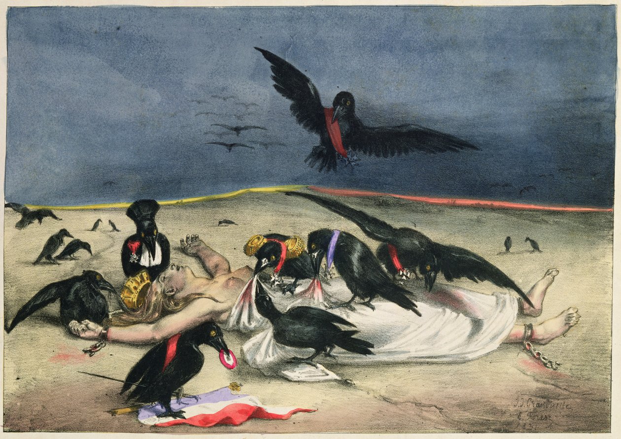 سلمت فرنسا إلى الغربان من جميع الأنواع ، من `` La Caricature &39;&39; ، 31 أكتوبر 1831 بواسطة جراندفيل