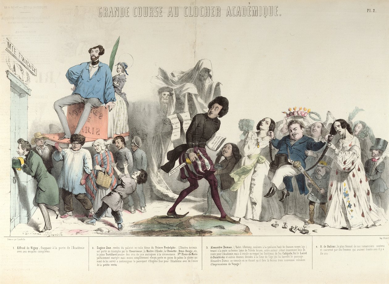 "Grande Course au Clocher Academique" ، كاريكاتير معهد فرنسا ، 1839 (انظر أيضًا 218694) (نقش الألوان) بواسطة جراندفيل