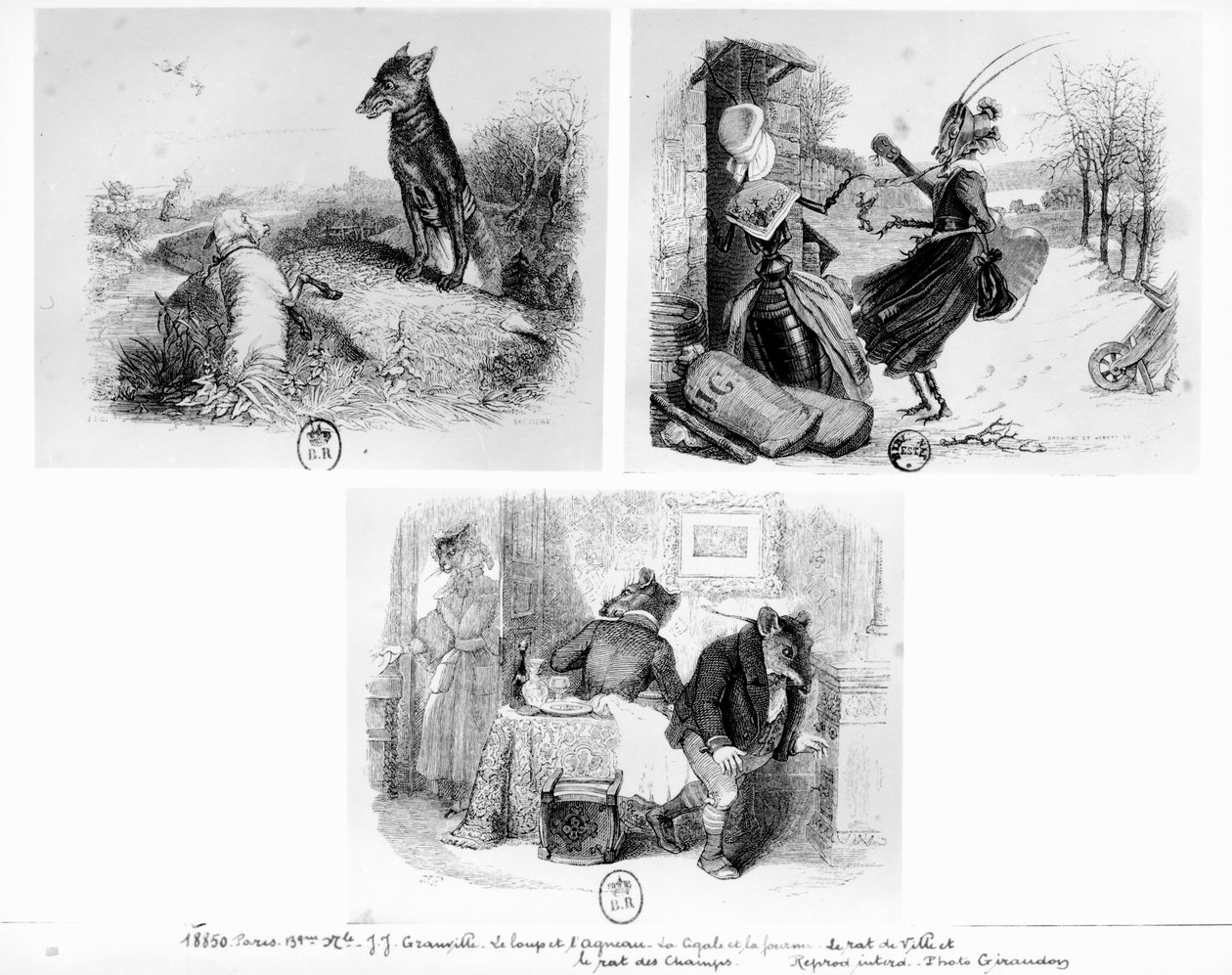 رسم توضيحي لحكايات "الذئب والحمل" و "الزيز والنمل" و "رات المدينة والفئران الريفية" من حكايات "خرافات" لجون دي لافونتين (1621-95) بواسطة جراندفيل