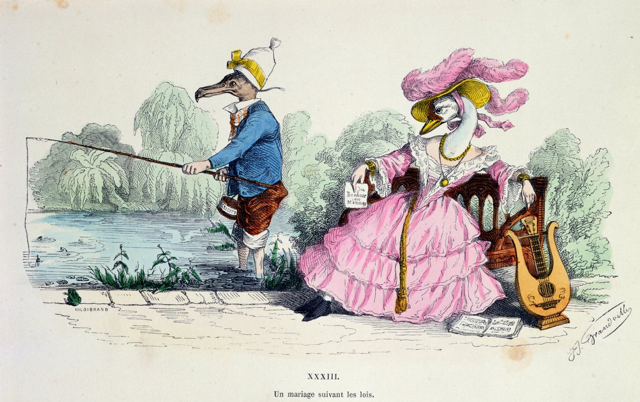 الزواج بالكتاب ، كاريكاتير من سلسلة Les Metamorphoses du Jour ، أعيد طبعه عام 1854 (انظر أيضًا 213938) بواسطة جراندفيل