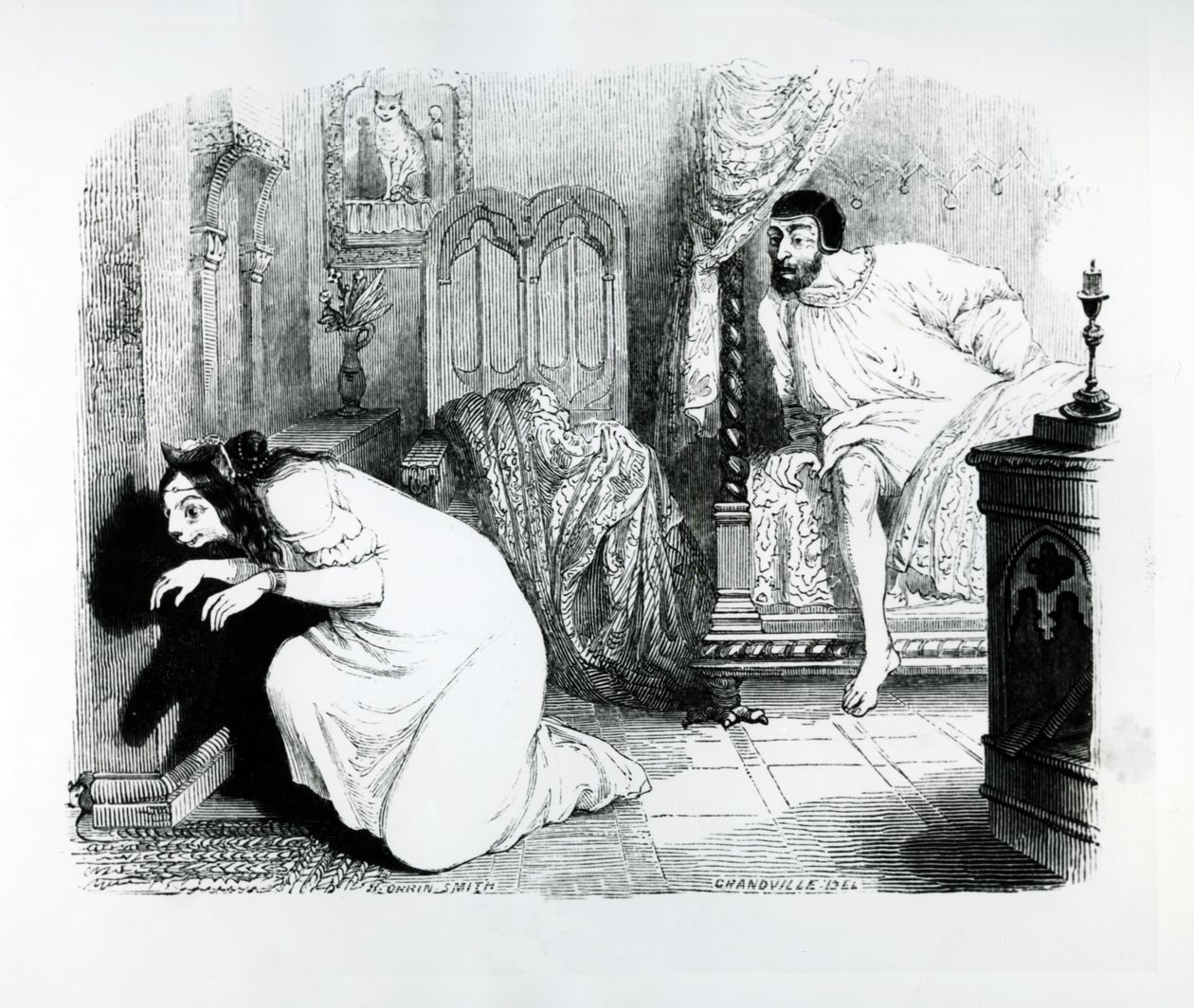 تحولت القطة إلى امرأة ، رسم توضيحي لـ "خرافات" لافونتين ، نشرها H. Fournier Aine ، 1838 بواسطة جراندفيل