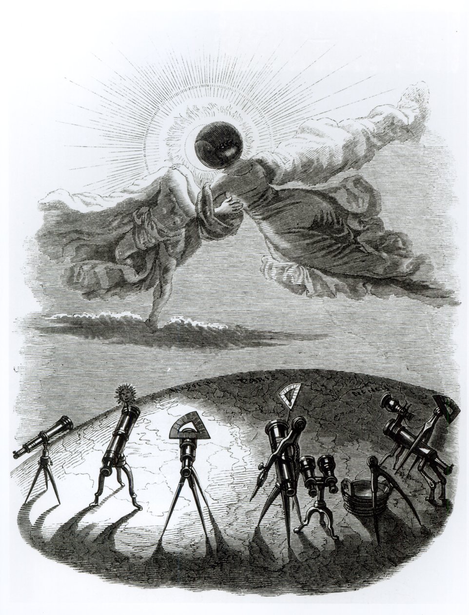 "الشمس تحتضن القمر: كسوف الشمس" ، رسم توضيحي من "Un Autre Monde" ، نشره H.Fournier في باريس عام 1844 بواسطة جراندفيل