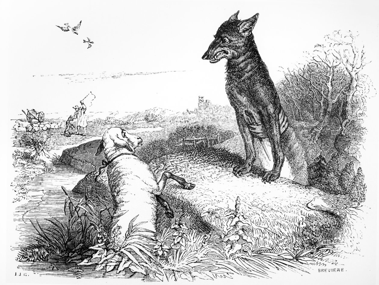 الذئب والحمل ، رسم توضيحي لـ "خرافات" لافونتين ، نشره H.Fournier Aine ، 1838 بواسطة جراندفيل