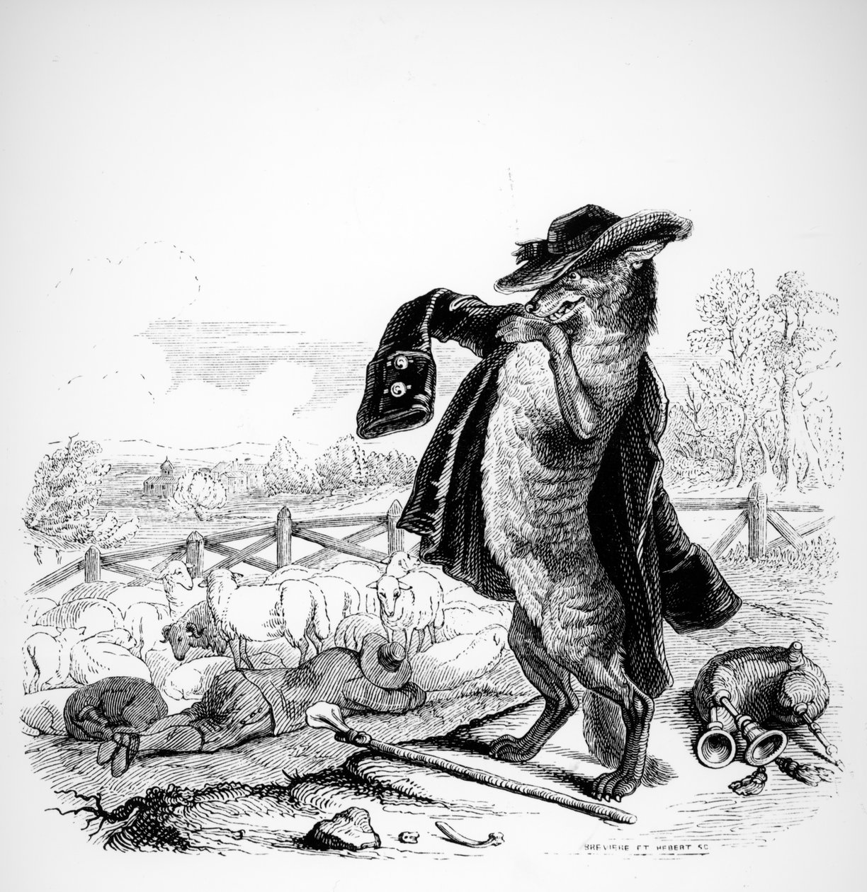 تحول الذئب إلى الراعي ، رسم توضيحي لـ "خرافات" لافونتين (1621-1695) ، نشره H.Fournier Aine ، 1838 بواسطة جراندفيل