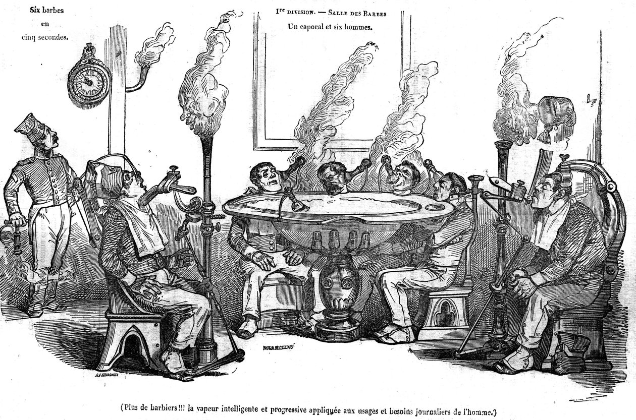رسم كاريكاتوري لغراندفيل يصور عريفًا ورجاله في Salle des Barbes جالسين بآلة بخار يحلقونهم دون مساعدة من حلاق. في "" المتجر الخلاب "" 1835 بواسطة جراندفيل