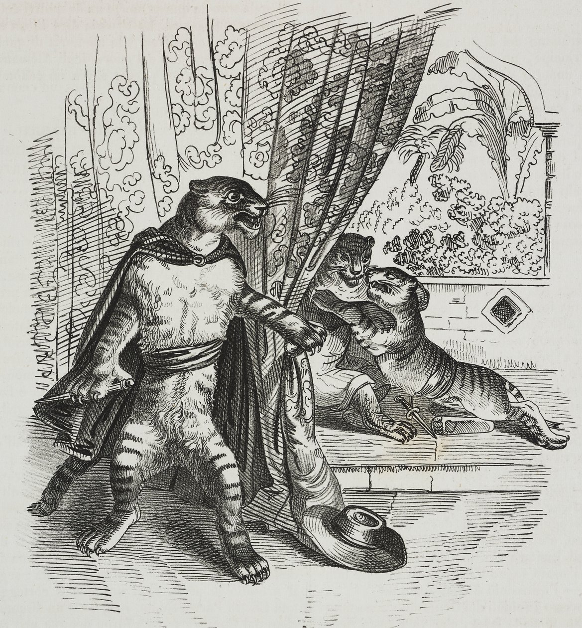 النمر يتقدم بالخنجر ، الكاريكاتير لجان جاك غراندفيل (1803-1847) ، الطباعة الحجرية لغايتانو ريتشيو من بوليوراما بيتوريسكو ، رقم 39 ، 7 مايو بواسطة جراندفيل