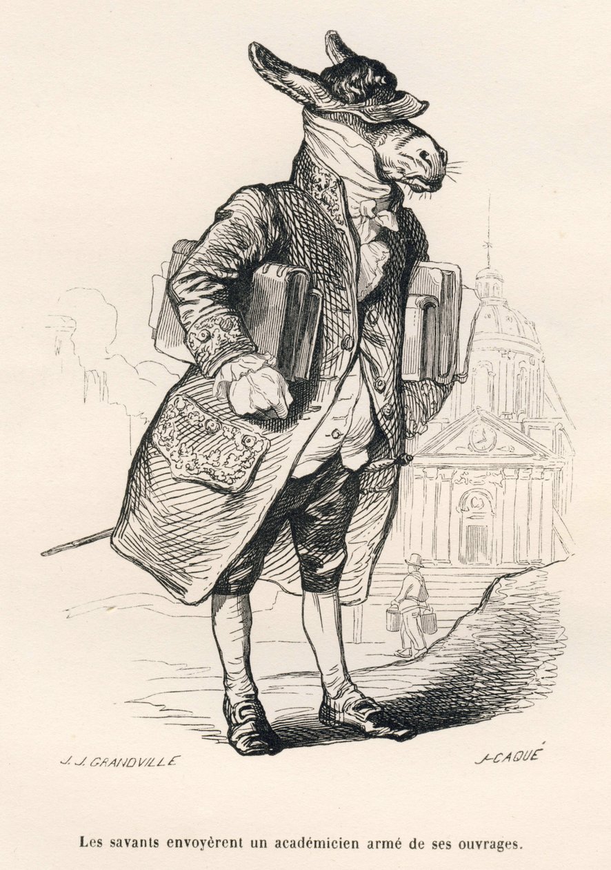 أني أكاديمي مسؤول عن الكتب. المقالات القصيرة موضحة بواسطة JJ Granville. نقش توقيع Caque في الجزء بعنوان "دليل الحمار لاستخدام الحيوانات التي تريد تحقيق التكريم" كتبه أونوريه دي بلزاك في "مشاهد من الحياة الخاصة والعامة" بواسطة جراندفيل