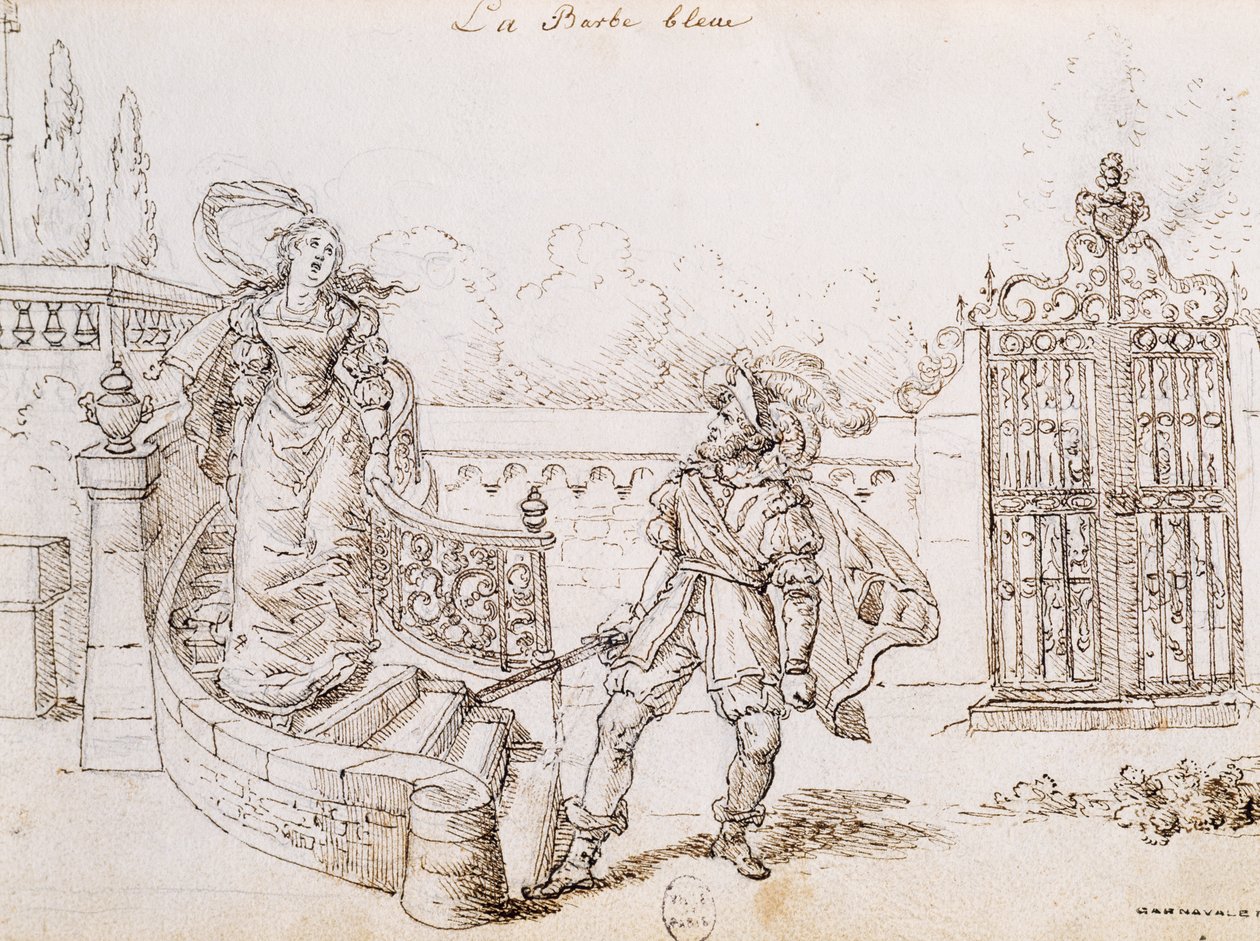 بلوبيرد ، رسم توضيحي لقصة خيالية من تأليف تشارلز بيرولت (1628-1703) ، نقش بواسطة غراندفيل (1803-1847) بواسطة جراندفيل