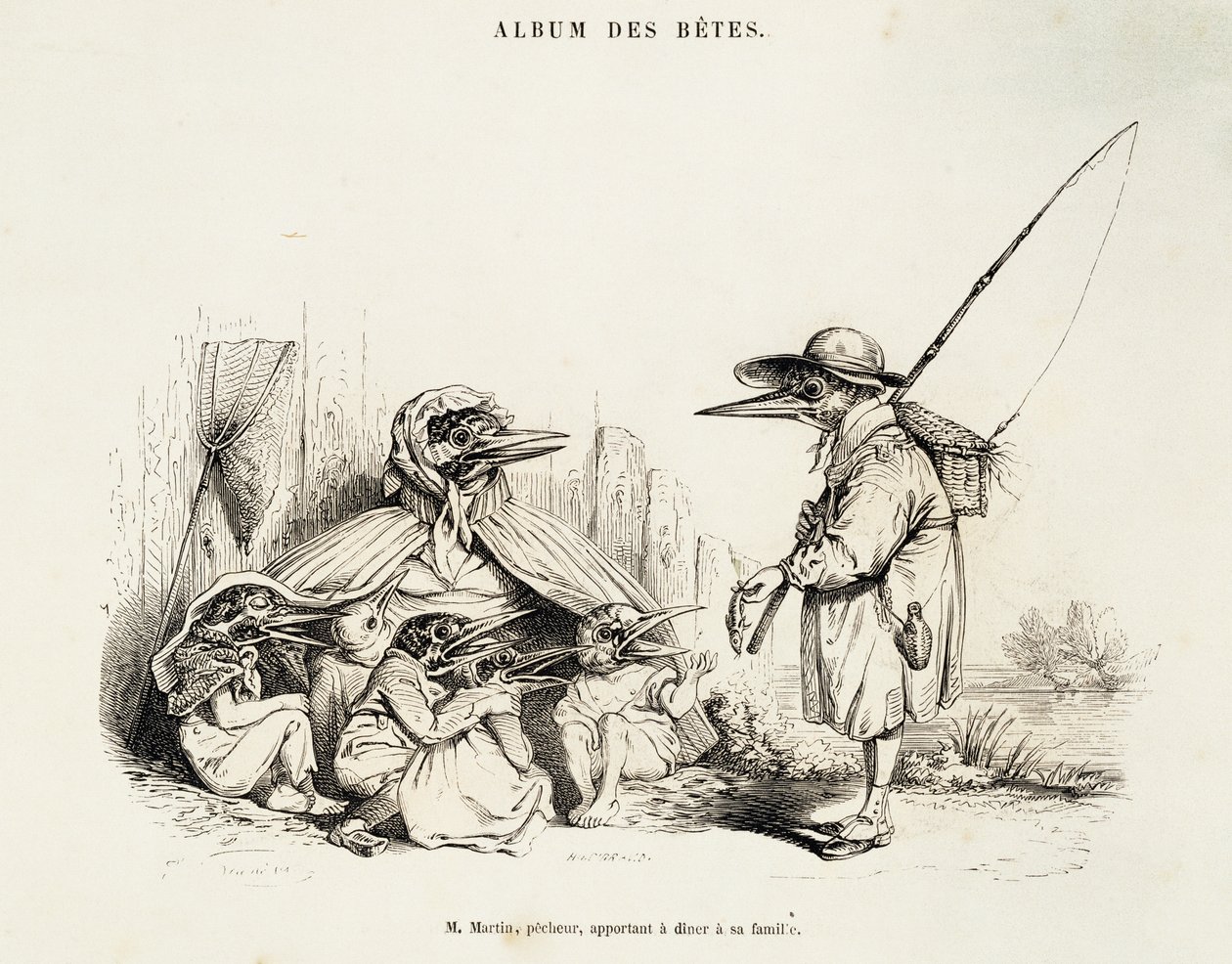 رسم كاريكاتوري للطيور من Album des betes بواسطة Jean-Ignace-Isidore Gerard ، المعروف بالاسم المستعار Jean-Jacques أو JJ Grandville (1803-1847) ، و Wilhelm von Kaulbach (1805-1874) ، باريس بواسطة جراندفيل