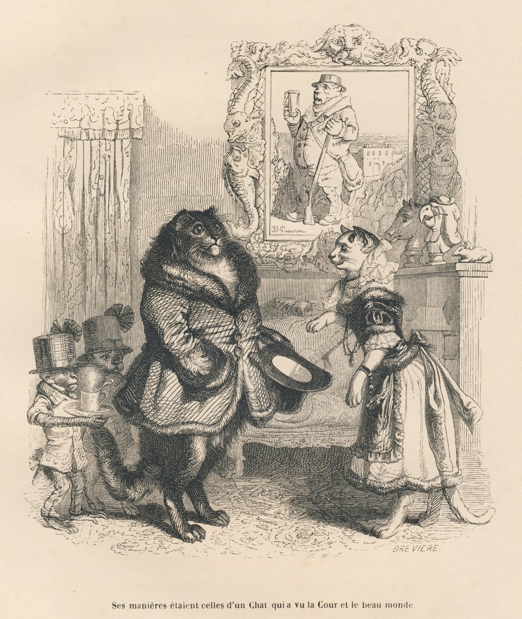 قطة محكمة تحية قطة صغيرة. المقالات القصيرة موضحة بواسطة JJ Granville. نقش وقع بريفير في الجزء المعنون "أحكام محكمة لقطط إنجليزي" كتبه أونوريه دي بلزاك في "مشاهد من الحياة الخاصة والعامة للحيوانات". باريس ، ي بواسطة جراندفيل