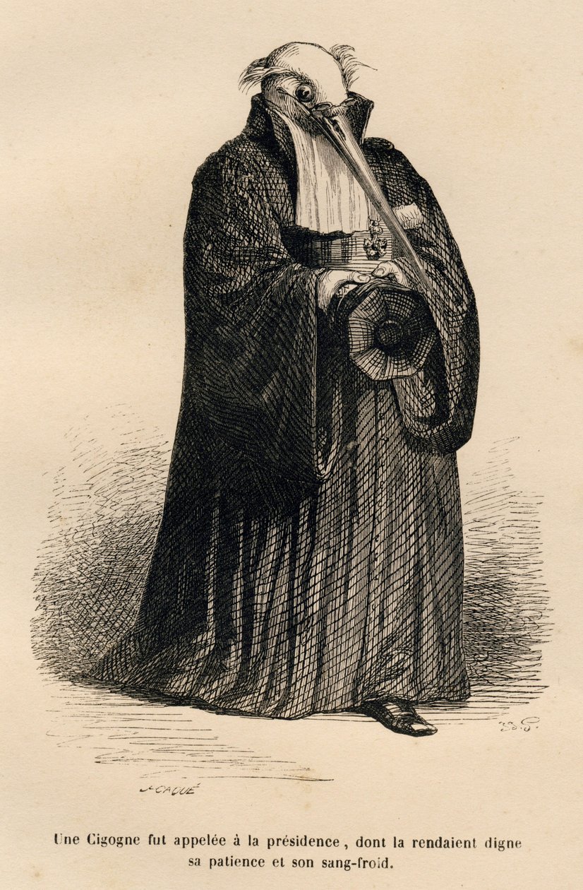 ستورك كقاضي. المقالات القصيرة موضحة بواسطة JJ Granville. نقش وقع Caque في الجزء المعنون "المحكمة الجنائية لعدالة الحيوان" من تأليف إميل دي لا بيدوليير في "مشاهد الحياة الخاصة والعامة للحيوانات". باريس ، ج. هيتزل وبولين بواسطة جراندفيل