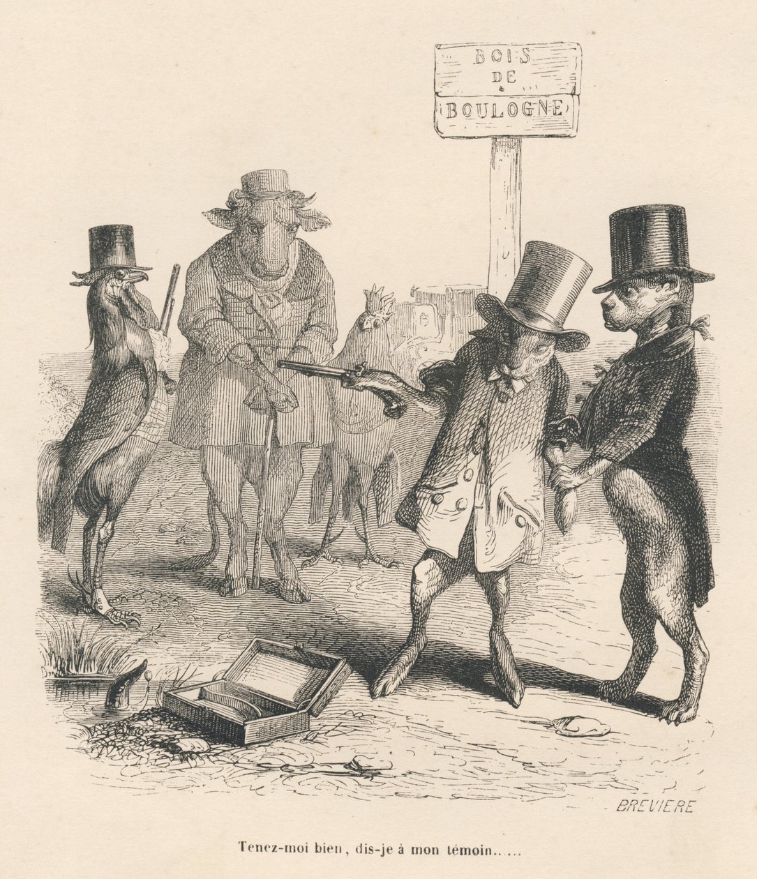 مبارزة في Bois de Boulogne. المقالات القصيرة موضحة بواسطة JJ Granville. نقش وقع بريفير في الجزء "تاريخ الأرنب" الذي كتبه بي جي ستال في "مشاهد من الحياة الخاصة والعامة للحيوانات". باريس ، ج. هيتزل وبولين بواسطة جراندفيل