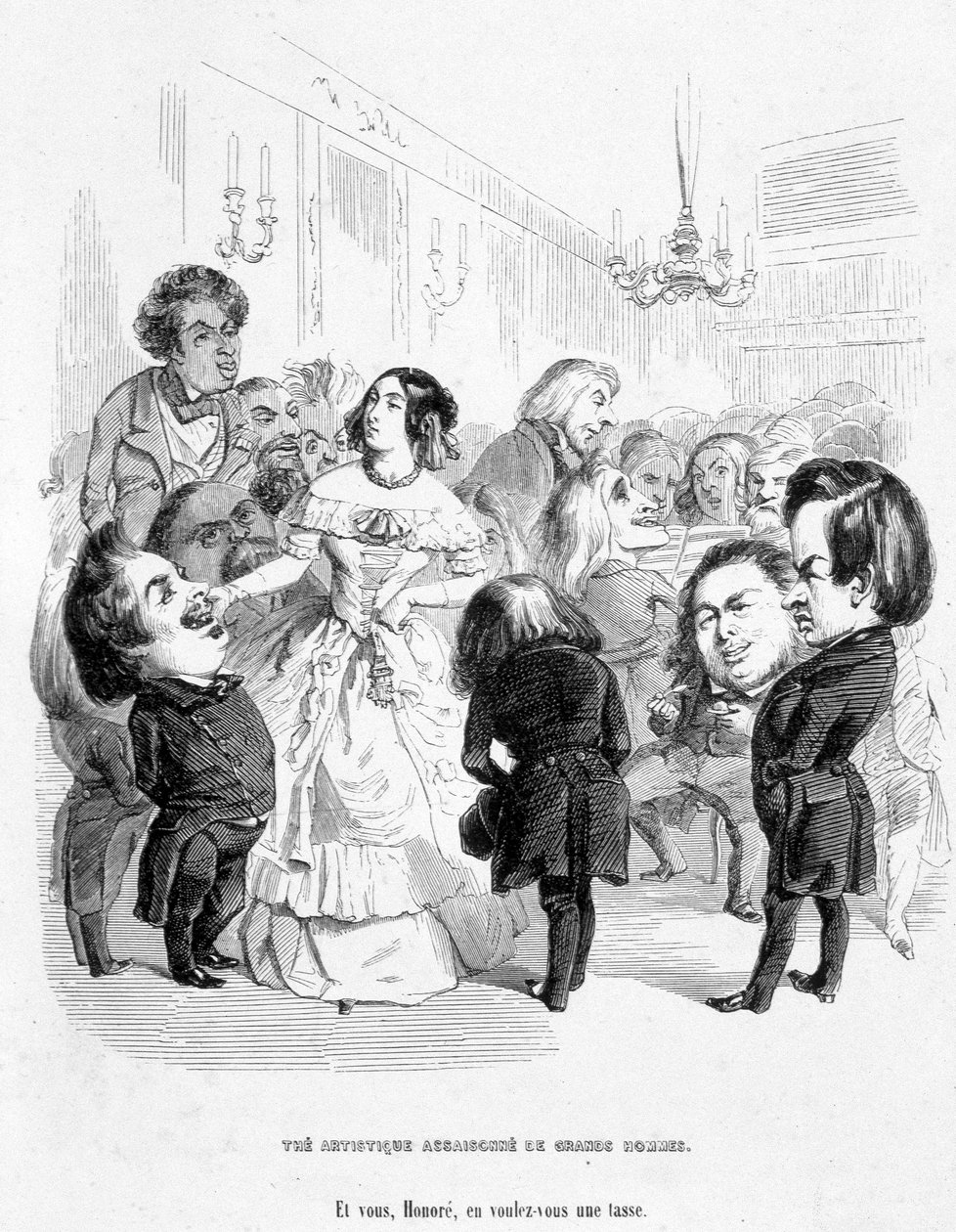 جورج ساند (Aurore Dupin ، Baronne Dudevant) (1804-1876) محاطًا بـ 4 كتاب: يوجين سو ، هونوري دي بلزاك ، فرانز ليتز وفيكتور هوغو - في "بحثًا عن وضع اجتماعي" بقلم جيروم باتوروت بواسطة جراندفيل