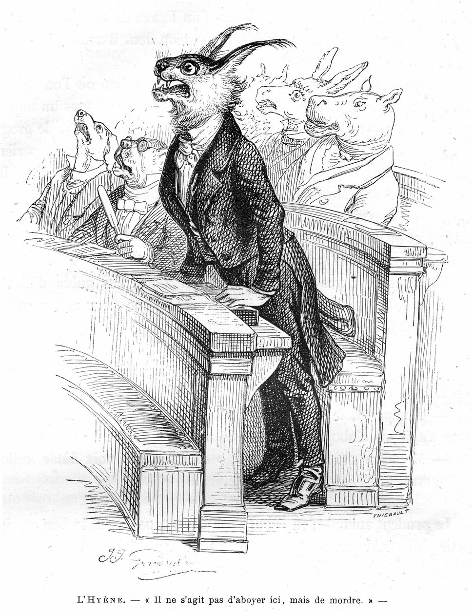 نقش لغراندفيل، مستخرج من كتاب الحياة الخاصة والعامة للحيوانات (Les animaux ints par them memes)، طبعة هيتزل 1867 - رسم كاريكاتوري لتجمع سياسي بشري - في المسارات التي تشغلها حيوانات مختلفة (كلاب، حمار، فرس النهر...)، ضبع بواسطة غراندفيل (1803-47)