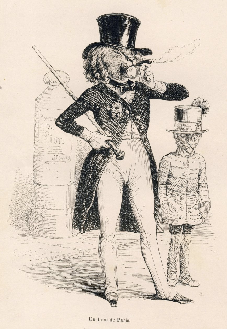 أسد باريس. المقالات القصيرة موضحة بواسطة JJ Granville. وقع النقش أندرو وبيست وليلوار في الجزء المعنون "رحلة أسد أفريقي في باريس" كتبه أونوريه دي بلزاك في "مشاهد الحياة الخاصة والعامة للحيوانات". باريس ، ج. هيتزل و بواسطة جراندفيل