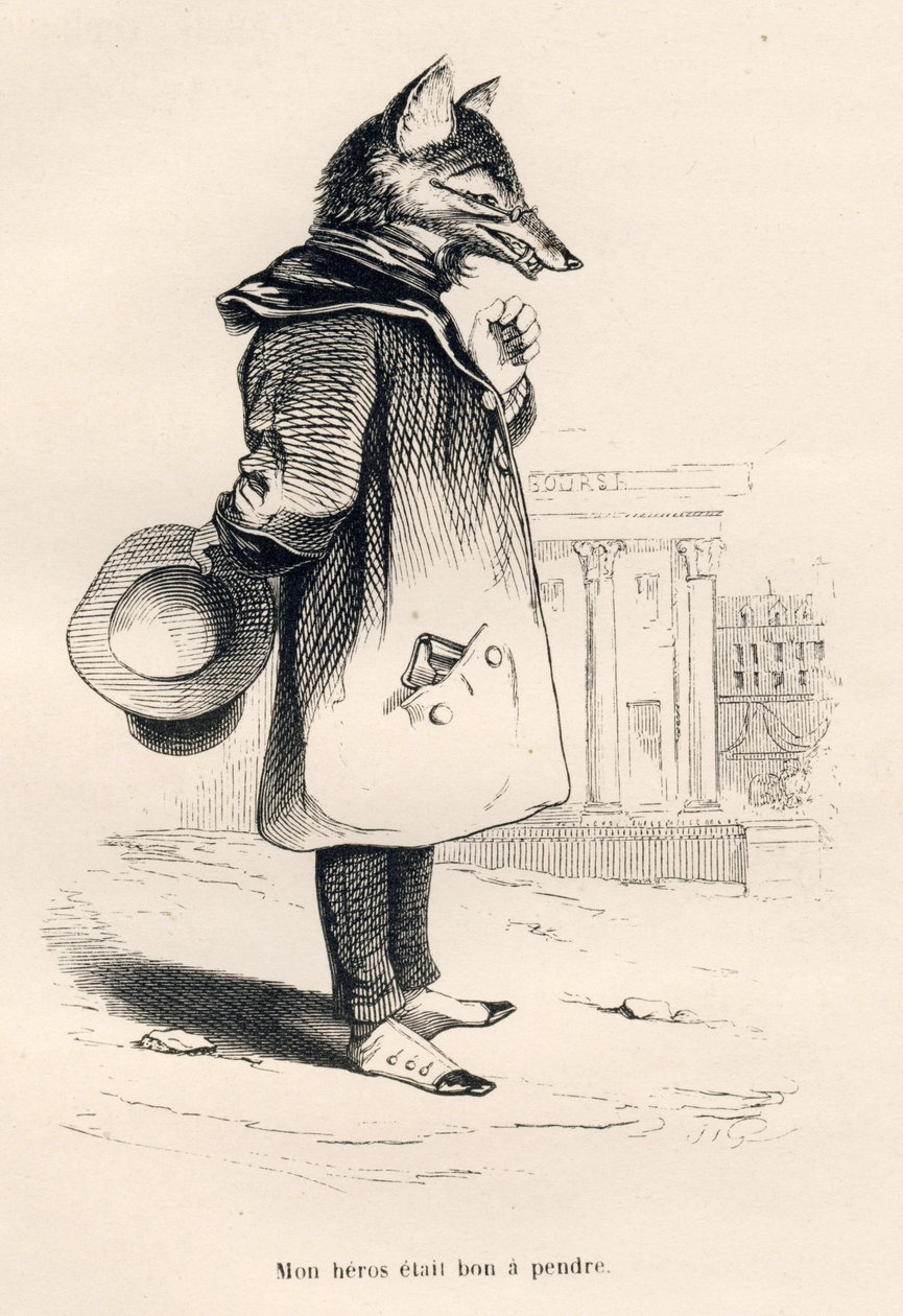 كان بطلي جيدًا في الاستيعاب. المقالات القصيرة موضحة بواسطة JJ Granville. نقش وقع عليه جودار في قسم بعنوان "ثعلب وقع في فخ" كتبه تشارلز نودير في "مشاهد الحياة الخاصة والعامة للحيوانات". باريس ، ج. هيتزل وبولين بواسطة جراندفيل