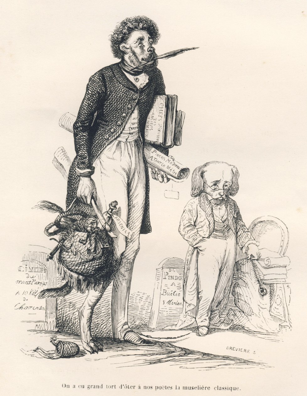كنا مخطئين للغاية في حرمان شعرائنا من الكمامة الكلاسيكية. المقالات القصيرة موضحة بواسطة JJ Granville. نقش وقع بريفير في الجزء المعنون "Le premier feuilleton de Pistolet" بقلم Jules Janin في "Scenes de la vie privee et publique des ans بواسطة جراندفيل